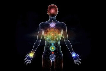 Human Body with Full Chakra Activation, Caused by Enlightment with Yoga Meditation, but also connected to AI in Astral Plane, generative ai