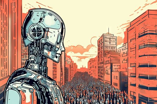 An AI represented as a robot, standed in the city, knowing everything about everyone, but with no feelings, no desires, just knowledge and cognition, generative ai