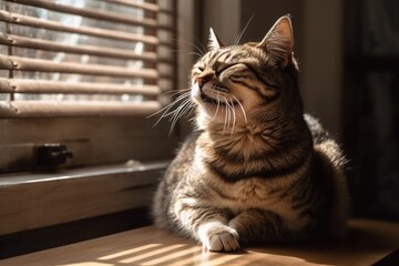 Female Tabby Cat near Window, yawning. Generative AI