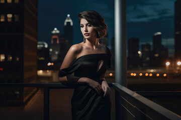 Glamorous woman in a sleek black gown against a city skyline with striking contrast and dramatic lighting, generative ai