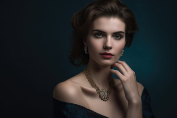 Graceful and elegant portrait of a woman with a refined sense of style, wearing a flowing gown and sophisticated jewelry, generative ai