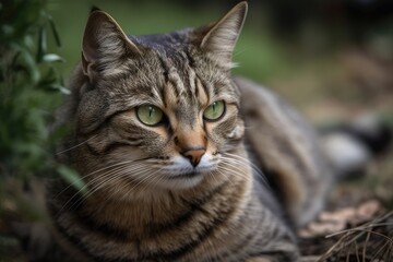 Naklejka na ściany i meble A mature tabby cat is seen outside in a grassy yard. Generative AI