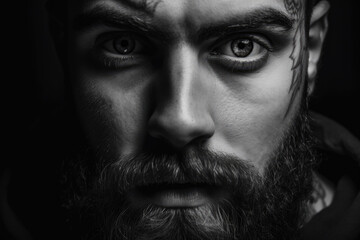 Fototapeta premium Intense and mysterious portrait of a bearded man with piercing eyes in black and white, generative ai