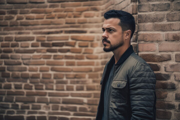 Obraz premium Intense Man Standing in Front of a Rough Brick Wall, generative ai