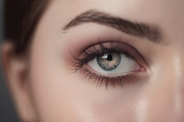 Obraz premium Lovely close-up of a woman's gray eyes with soft gray eye shadow and mauve blush, generative ai