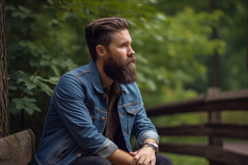 Fototapeta premium man with a rugged beard and a denim jacket standing in a city street with a blurred background of people and buildings, generative ai