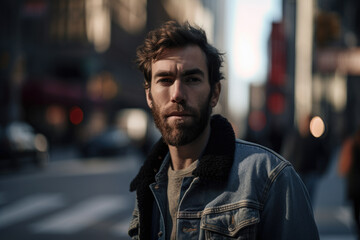 Fototapeta premium man with a rugged beard and a denim jacket standing in a city street with a blurred background of people and buildings, generative ai