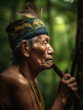 Fictional Shipibo elder smoking a cigar