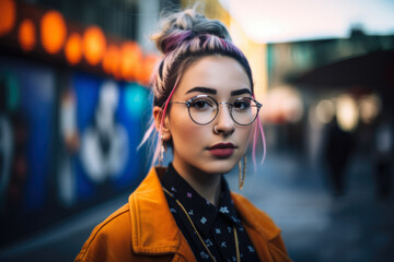 Modern and edgy street-style portrait of a woman in a vibrant city, generative ai