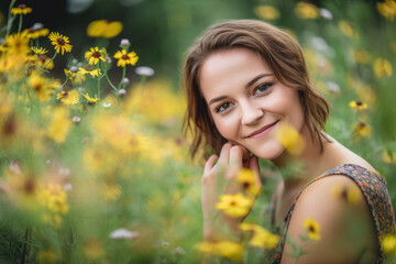 Mesmerizing Woman with piercing green eyes and a whimsical smile posing in a field of wildflowers, generative ai