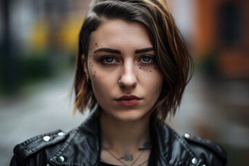 Fototapeta na wymiar Modern Badass close-up portrait of a woman with a septum piercing, wearing a leather jacket and staring confidently at the camera, generative ai