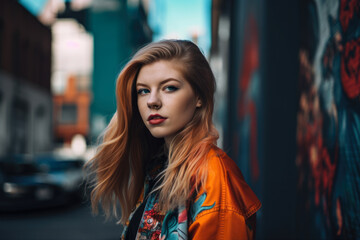 Modern and edgy street-style portrait of a woman in a vibrant city, generative ai