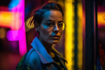 Fototapeta na wymiar Neon Portrait of a Woman in a Bold and Colorful Urban Setting, generative ai