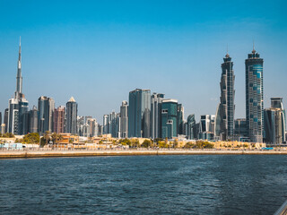Obraz premium Dubai Water Canal Tolerance Bridge, pedestrian bridge with water taxi, in Dubai, UAE
