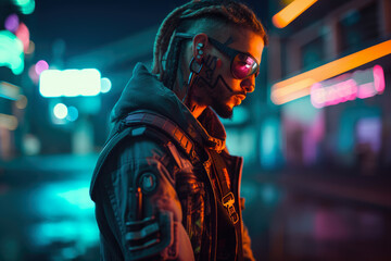 Neon-lit mercenary with a tough and gritty expression, set against a dark and moody cyberpunk cityscape, generative ai