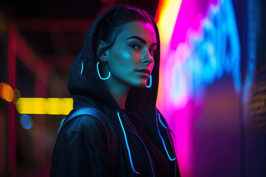 Neon-lit hacker with a rebellious attitude and edgy fashion sense, set against a neon-lit backdrop of code and digital imagery, generative ai
