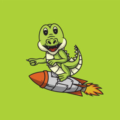 Cute crocodile riding rocket cartoon illustration