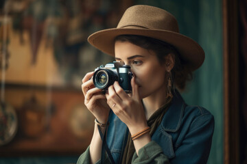 portrait of a female artist, holding a camera and wearing a hat, capturing the essence of creativity in a Bohemian setting, generative ai