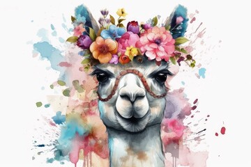 Charming, realistic looking lama character design with natural flowers. Watercolor style artistic botanical bohemian animal design with a hand drawn lama artwork. Generative AI
