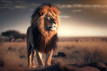 portrait of a lion at sunset