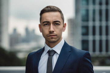 Fototapeta premium Portrait of a serious businessman in a suit with a modern city skyline in the background, generative ai