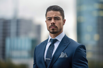 Fototapeta premium Portrait of a serious businessman in a suit with a modern city skyline in the background, generative ai