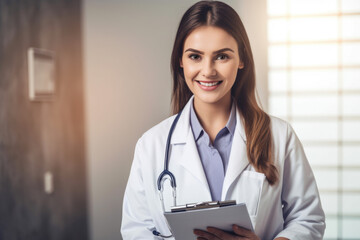 Portrait of a smiling female doctor in her white coat and stethoscope around her neck, holding a clipboard with medical records, generative ai