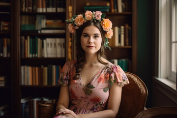 Fototapeta premium Portrait of a woman with a floral headband and a flowy dress, sitting on a vintage chair in a cozy library filled with books and warm natural light, generative ai