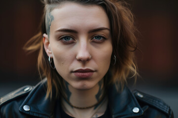 portrait of a woman with a nose piercing and a leather jacket looking directly at the camera, generative ai