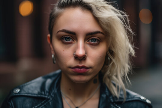 portrait of a woman with a nose piercing and a leather jacket looking directly at the camera, generative ai