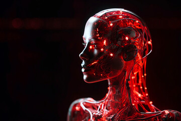 AI robot woman with beautiful red base color. generative Ai technology