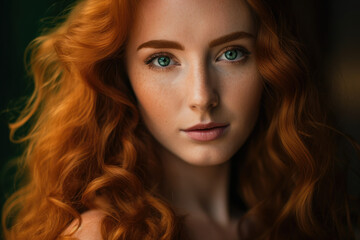 Radiant Beauty Portrait of a stunning woman with glowing skin and piercing green eyes, framed by cascading waves of golden hair, generative ai