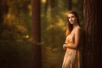 Fototapeta premium Radiant beauty posing in a flowy dress with a serene forest background and soft golden hour light, generative ai