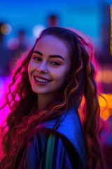 Radiant neon queen with a beaming smile and flowing hair, set against a bright and colorful cityscape at night, generative ai