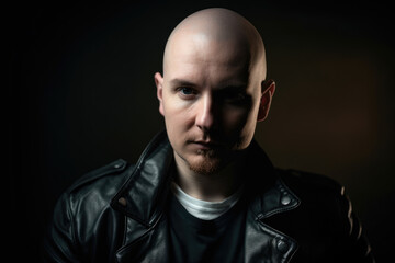 Obraz premium Rebel with a Cause Portrait of a Shaved-Head Man in a Leather Jacket, generative ai