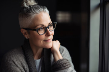Fototapeta na wymiar Relaxed portrait of a woman in her 60s with gray hair in a bun, wearing a comfy cardigan and a pair of glasses, with minimal makeup, generative ai