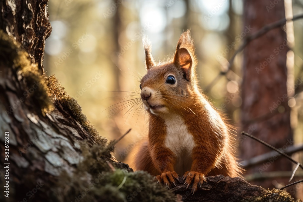 Poster red squirrel perched on a tree in a springtime park. generative ai