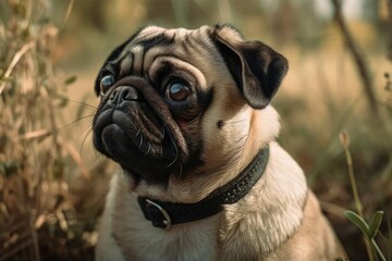 Obraz premium Cute pug dog sitting and paying close attention to the photographer in a portrait. copy space on a grassy background. Generative AI