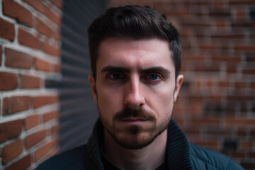 Fototapeta premium Serious Man Staring Intensely at the Camera against a Textured Brick Wall, generative ai