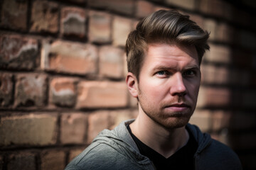 Serious Man Staring Intently at the Camera with a Dull Brick Wall in the Background, generative ai