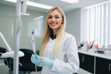 Smiling Female Dentist Wearing Protective Gear and Holding Dental Tools in Clinic, generative ai