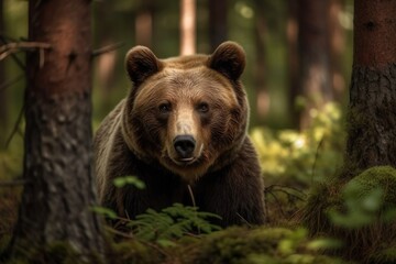 Fototapeta na wymiar Brown Bear (Ursus Arctos) in the woodland during the summer. Mammal in natural habitat. Nature scene. Generative AI
