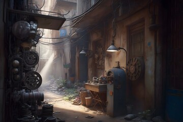 Fototapeta na wymiar steampunk alley created using AI Generative Technology