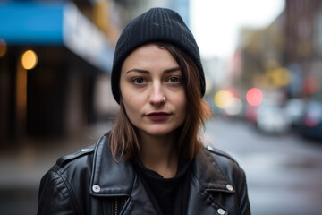 Street Chic portrait of a woman with a septum piercing, wearing a leather jacket and a black beanie, standing on a city sidewalk, generative ai - obrazy, fototapety, plakaty