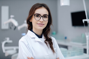 Fototapeta premium Stylish and Trendy Female Dentist with Fashionable Glasses and Modern Equipment in Clinic, generative ai