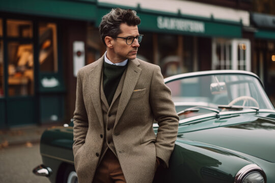 Stylish gentleman posing in a vintage tweed jacket and bowtie with a classic car in the background, generative ai