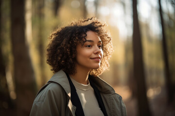 Thoughtful woman with natural curly hair and a bright smile walking in a forest, generative ai