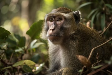 Obraz premium Portrait of a toque monkey (Macaca sinica) seated near a green bush. Generative AI