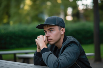 Fototapeta premium Thoughtful portrait of a young man with a baseball cap and a bomber jacket, sitting on a bench in a park, generative ai