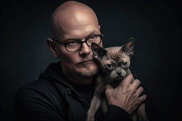 Tough Guy's Soft Side Portrait of a Shaved-Head Man with a Pet Kitten, generative ai